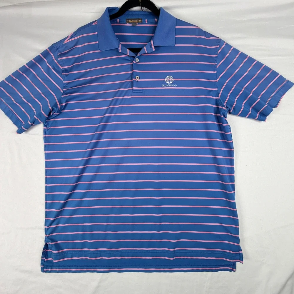 Peter Millar Summer Comfort Polo Shirt Mens Large Blue Pink Striped Ironwood
